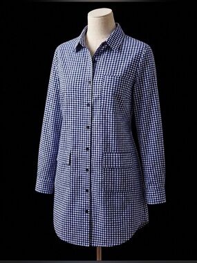 SHEIN Blue and white gingham button-up shirt dress with pockets.
